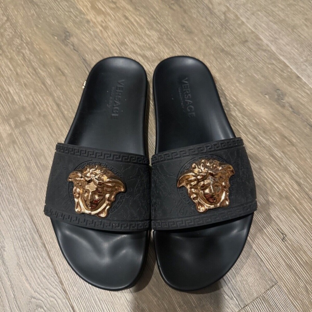 Men's Black Gold Versace Medusa Palazzo Sandals Slides Flip Flops